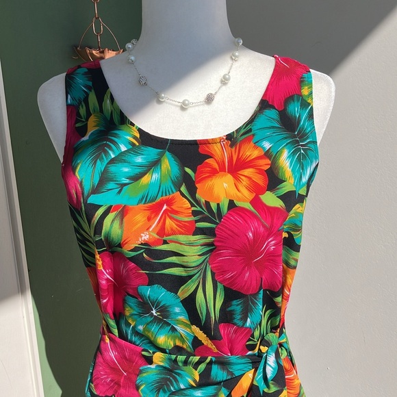 Vintage 80s 90s  Tropical Floral Faux Wrap Dress - Picture 2 of 6